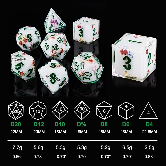 DND Dice Set Polyhedral, IDTQ Dungeons and Dragons Purple Dice Set RPG MTG Table Games 7-Die Resin Sharp with Acrylic Starlight Accent Box (Rose-White)