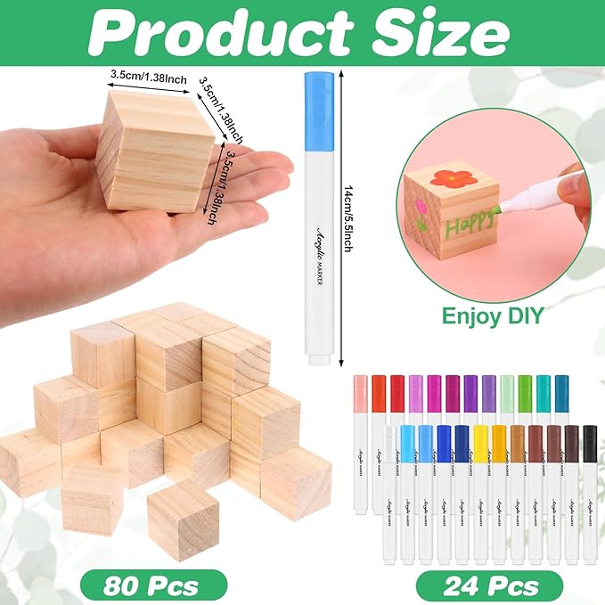 craftshou 105 Pcs Baby Shower Games Gifts Set Including Decorate a Block Game Sign 80 Blank Wooden DIY Block 24 Acrylic Paint Marker Theme Baby Shower Prize Accessories