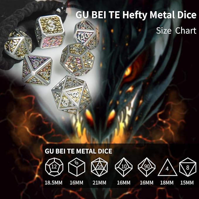Metal DND Dice Set,Colorful Dragon Scales DND Dice 7-pcs Metal Polyhedral Dice Set for Dungeons and Dragons RPG MTG Table Games(Dazzling Color)