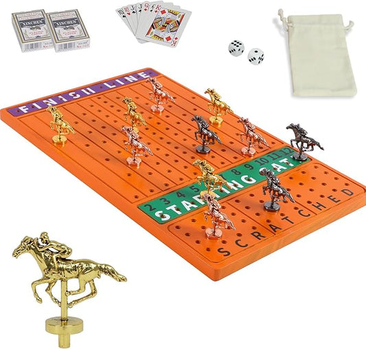 Horse Racing Board Game Solid Wood Horse Race Card and Dice Board Game Luxury Edition Set with 11 Metal Horses 2 Dices and 2 Boxes of Cards（Rectangle,Red Peach）…