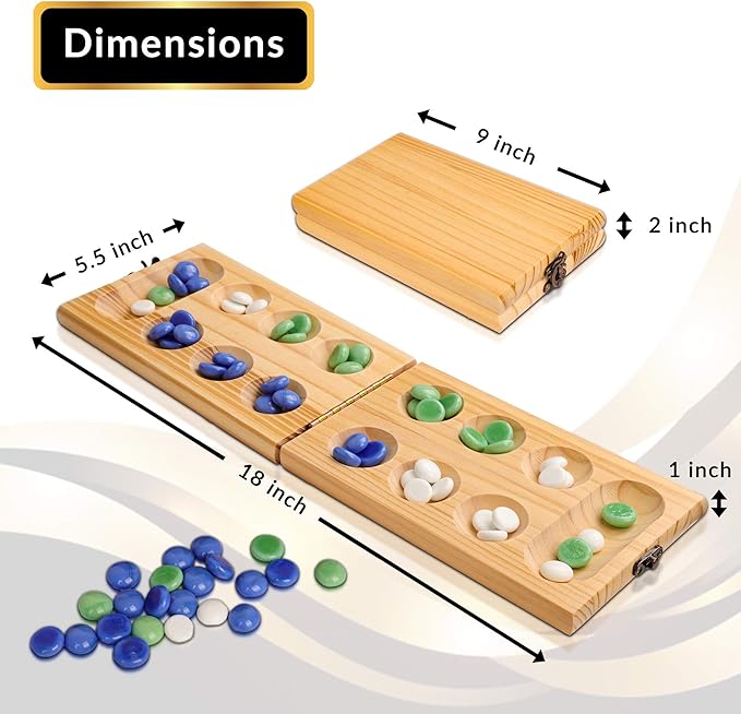 Point Games Solid Wood Deluxe Mancala - Folding Board Game w Metal Latch and Glass Marbles- Portable Strategy Travel Game - Recommended Ages 6+