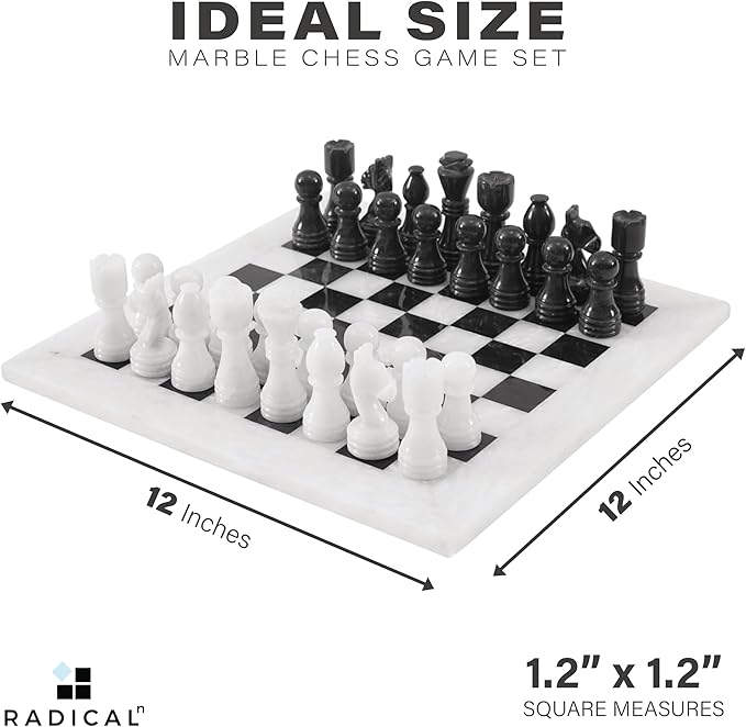 Radicaln Marble Chess Set 12 Inches White and Black Handmade Chess Sets for Games for Adults - 1 Chess Board & 32 Chess Pieces 2 Player Games - Travel Chess Board Game