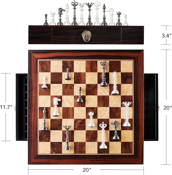 AMEROUS 20 Inches Wooden Chess Set with Metal Chess Pieces- 4.5'' King - 2 Built-in Storage Drawers - Gift Packaging,Tournament Chess Board Games for Adults and Kids