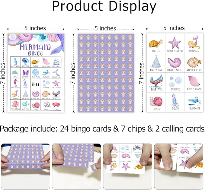 Ziyouza Mermaid Bingo - Birthday Party Games, 24 Players Bingo Games for Mermaid Theme Birthday Party Family Party Outdoor Trip Activity -02