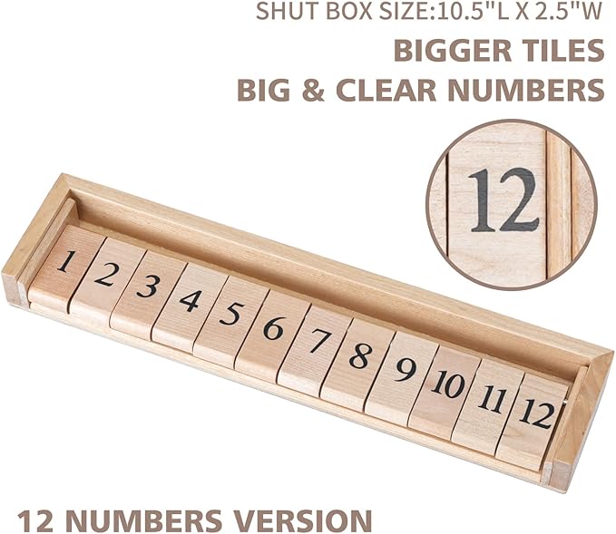 Shut The Box Dice Game Board Game | Travel Size 11'' Wooden | 12 Numbers | 2 Classic Dice & 2 Number Dice | Storage Bag | Instructions | Math Learning Classroom | Kids, Adults