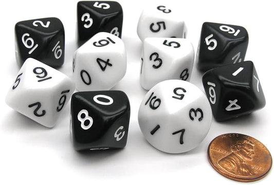 Koplow Games Set of 10 D10 16mm Inverse Dice - 5 Each of Black and White