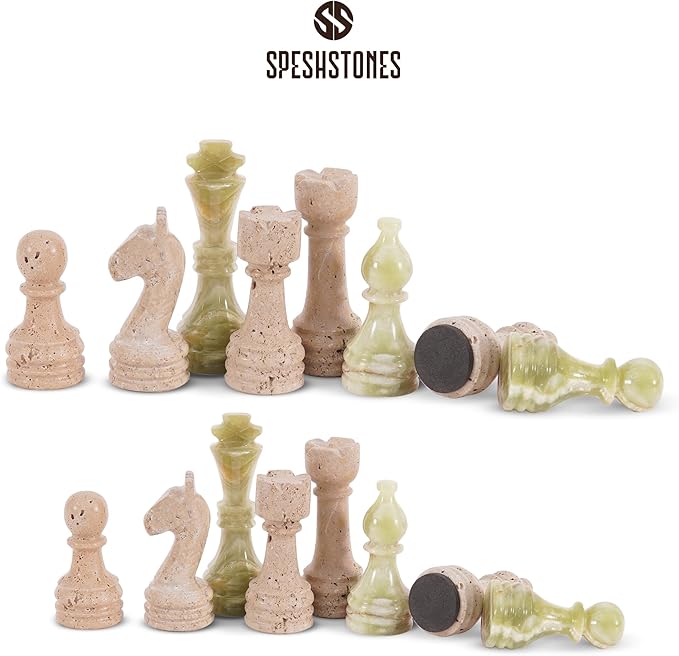 Marble Chess Set 15 Inch Travertine & Green Checkers Board Game with Pieces, 2 Extra Queens and Storage Box, Strategy Set for Adults & Family, Travel, Tabletop Play