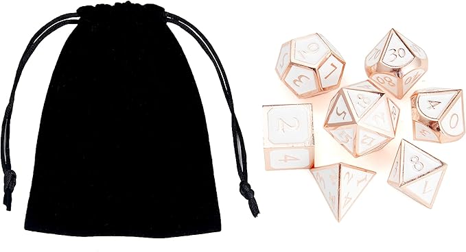 MIYUDAIS Polyhedral Metal Game Dice Rose Gold White 7pc Set for Dungeons and Dragons RPG MTG Table Games D&D Pathfinder Shadowrun