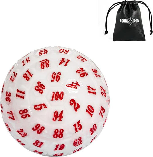 100 Sided Polyhedral Dice, Single D100 Game Dice, 100 Sided Cube with Black Pouch, D100 die 48 mm (White with Red Number)