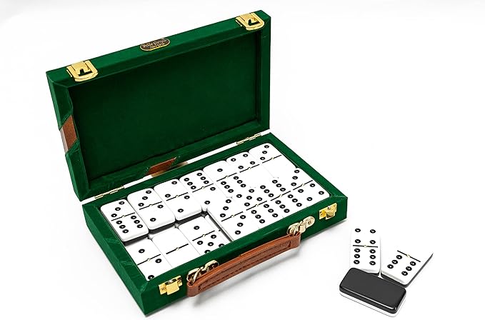 Bello Games New York, Inc. Fashion Avenue Designer Case Double Six Professional Jumbo Size Two Tone Tournament Dominoes Set with Spinners in a Green Velour Case