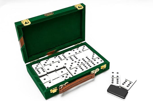 Bello Games New York, Inc. Fashion Avenue Designer Case Double Six Professional Jumbo Size Two Tone Tournament Dominoes Set with Spinners in a Green Velour Case