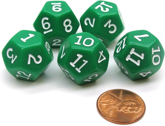 Koplow Games Set of 5 D12 12-Sided 18mm Opaque RPG Dice - Green with White Numbers