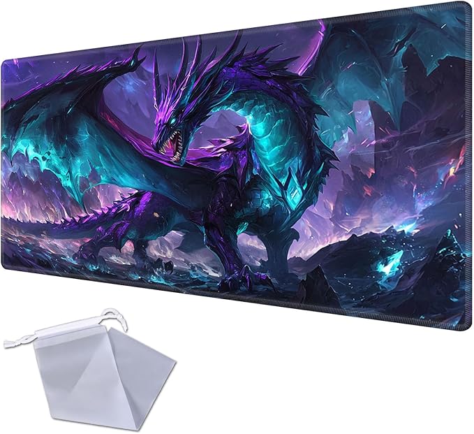 for MTG Playmat for Trading Card Games, Non-Slip Rubber Smooth Surface with Stitched Edges, Durable Desk Pad for Card Games, Custom Anime Playmat, Majestic Dragon Purple Blue Glowin