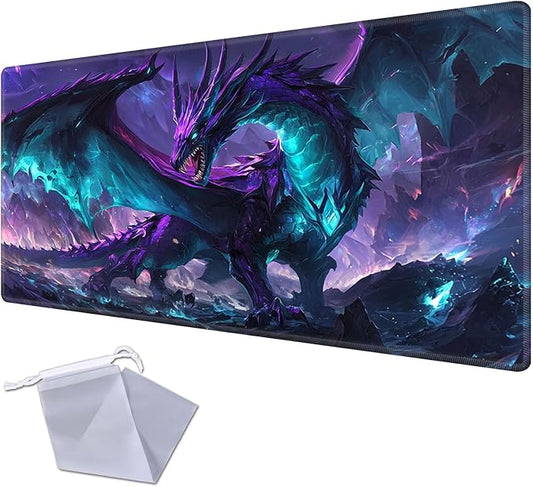for MTG Playmat for Trading Card Games, Non-Slip Rubber Smooth Surface with Stitched Edges, Durable Desk Pad for Card Games, Custom Anime Playmat, Majestic Dragon Purple Blue Glowin