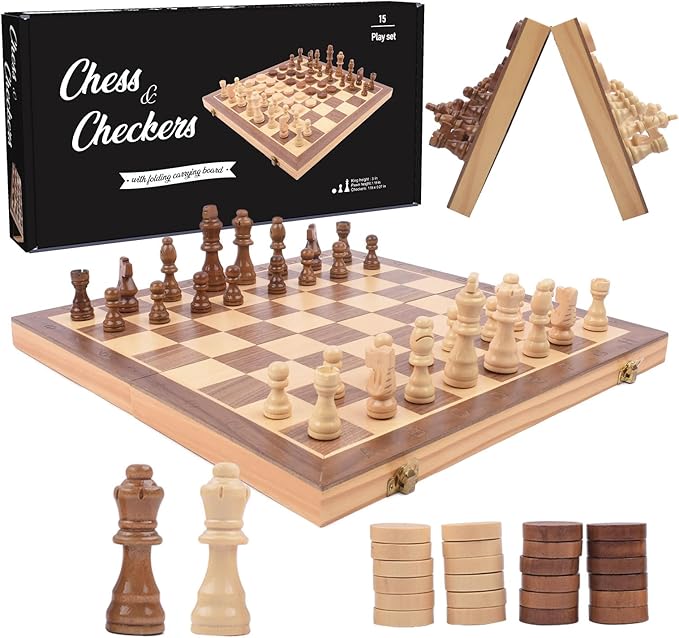 Wooden Chess and Checkers Game Sets Magnetic for Kids and Adult,Portable Travel Folding Game Board 2in1 Kits,Beginner Chessmen with Storage Slots