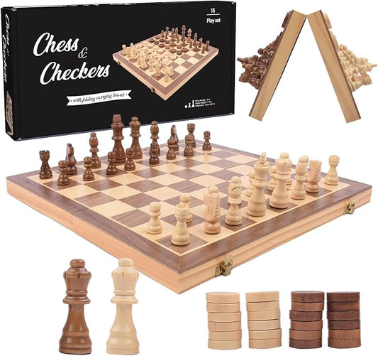 Wooden Chess and Checkers Game Sets Magnetic for Kids and Adult,Portable Travel Folding Game Board 2in1 Kits,Beginner Chessmen with Storage Slots