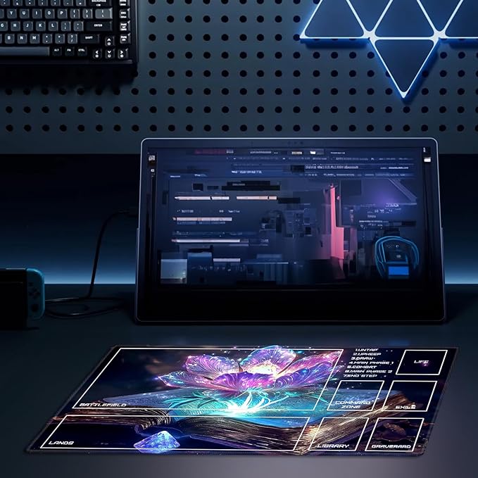 MTG Playmat Size 23.6x13.8in with Storage Bags Portable Playmat TCG and Board Game Mat for Cards Rubber Base Slip-Resistant Mousepad Desk Mat (Magic Lotus Flower,with Zone)