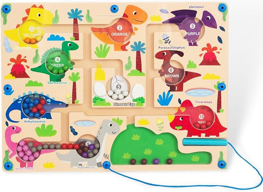 Magnetic Color & Number Maze, Montessori Wooden Color Matching Learning Counting Puzzle Board, Toddler Fine Motor Skills Toys for Boys Girls 3 4 5 Years Old - Dinosaur