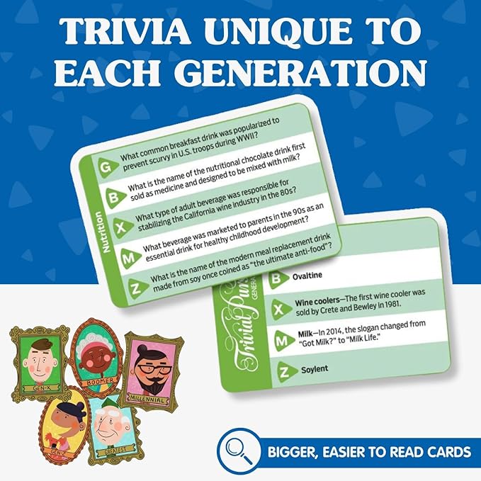 Joy for All Trivial Pursuit Generations - Trivia for Seniors - Cognitive Thinking Game - Big Easy to Read Cards for Low Vision - Fill-in-the-Blank Trivia Cards - Memory Board Game Activity for Elderly