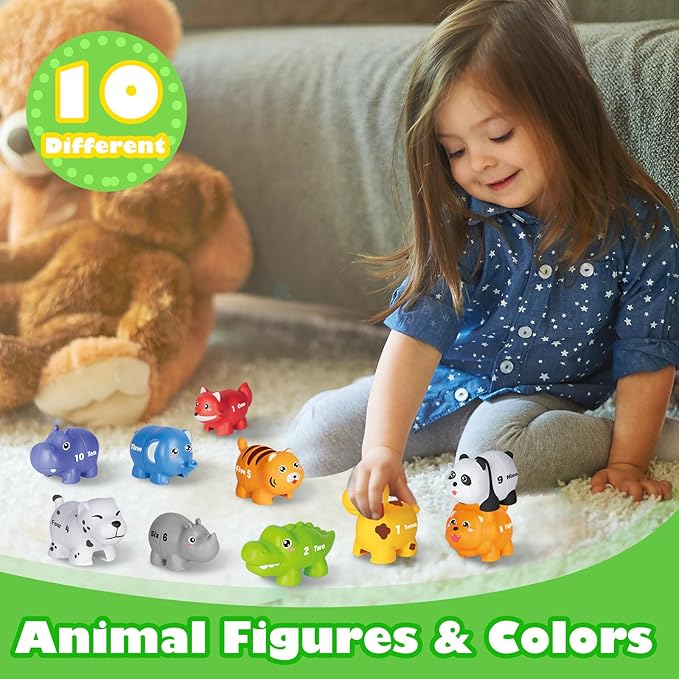 Learning Toys for 2 3 4 Year Old, 20 Pcs Number Matching Game with Digital English, 10 Different Animal Figures, Preschool Activities Montessori Fine Motor Toys for Toddlers Kids