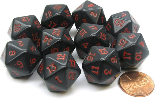 Koplow Games Set of 10 Twenty Sided 19mm D20 Opaque RPG Dice - Black with Red Numbers Die