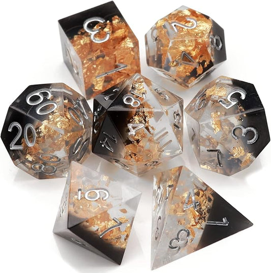 Haxtec DND Dice Set Black Sharp Edge Resin Dice Gold Flakes with Dice Case Black White Gold D&D Dice for RPG Role Playing Games Dungeons and Dragons Gift War Series