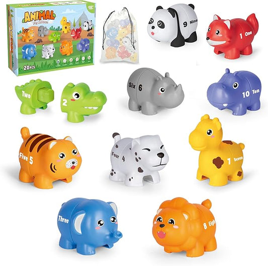 Learning Toys for 2 3 4 Year Old, 20 Pcs Number Matching Game with Digital English, 10 Different Animal Figures, Preschool Activities Montessori Fine Motor Toys for Toddlers Kids