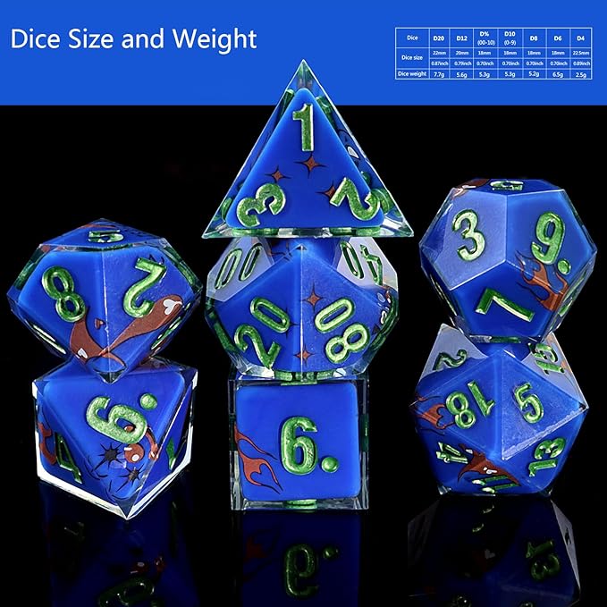 DND Dice Set Polyhedral, IDTQ Dungeons and Dragons Purple Dice Set RPG MTG Table Games 7-Die Resin Sharp with Acrylic Starlight Accent Box (Bat - Blue)