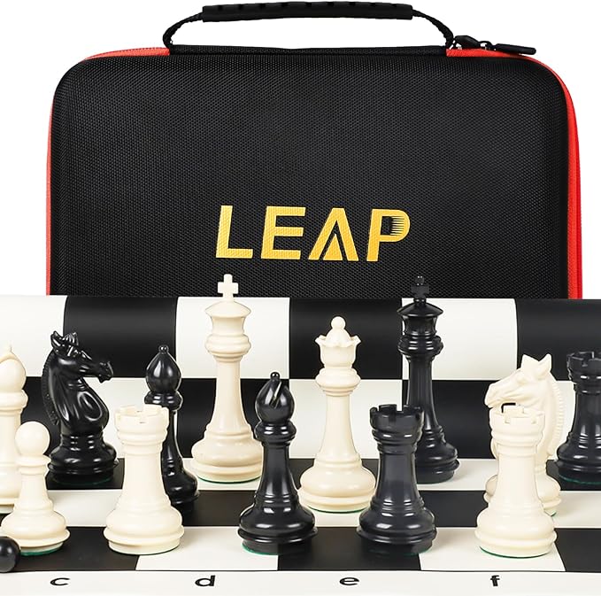 Tournament Chess Set/ 20''x20'' Foldable Silicone Chess Board / 3.75'' King Height Plastic Quadruple Weighted Classic Staunton Pieces/Storage Bag for Beginner Adult