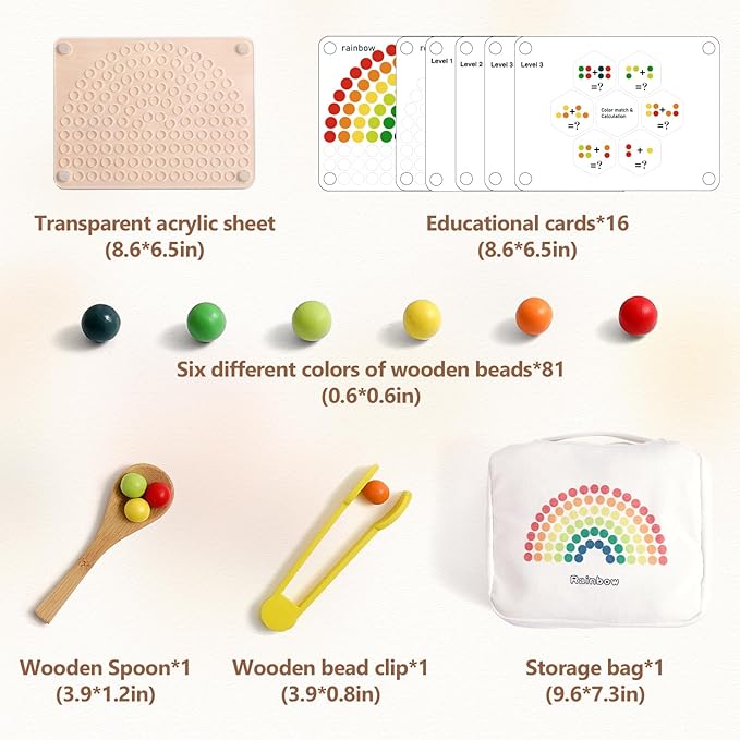 Youuys Wooden Peg Board Beads Game for Toddlers Rainbow Stacking Clip Bead Puzzle Matching Counting Color Sorting Montessori Toys Fine Motor Math Skill Educational Toys for Boys Girls