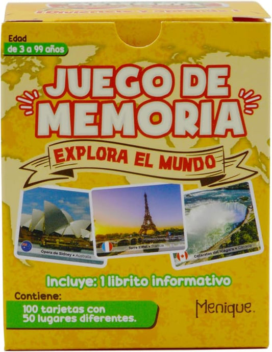 Menique Explore The World Memory Matching Game – Spanish Edition – 100 Cards (50 Pairs) with Iconic Landmarks, Country & Flag – Educational Geography Game in Spanish.