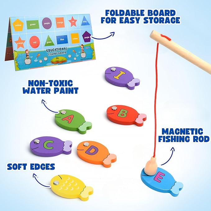 Magnetic Wooden Fishing Game – Interactive ABC Alphabet, Numbers, Shapes & Colors 4-in-1 Learning Board | Montessori Educational Toy for Kids | Complete Set with 36 Fish, 2 Poles & Wooden Board