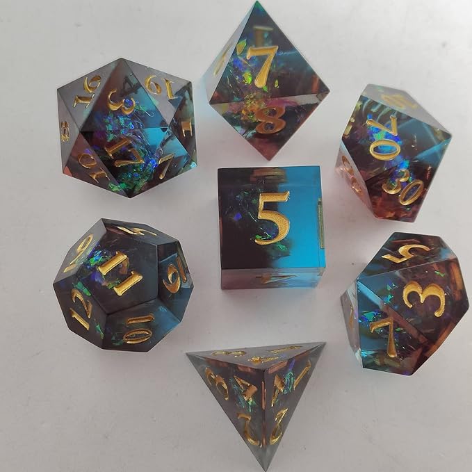 D&D DND Resin dice Set, RPG Sharp dice Handmade polyhedral dice Set with Beautiful connotations, Suitable for Role-Playing Board Game Dungeons & Dragons 7PC Digital Free Black Storage Bag Brown Blue