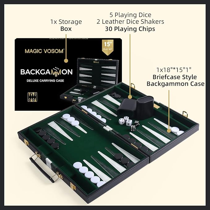 Travel Medium 15 Inch Backgammon Black Sets Classic Board Game with Premium Leather Case, Portable Travels Strategy Backgammon Game Set for Adults, Kids (Black, Medium)