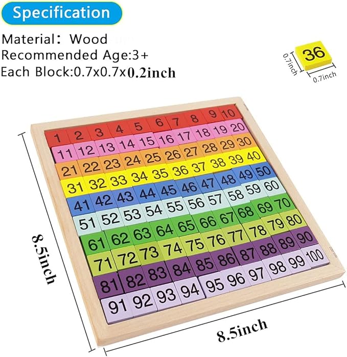 Wooden Hundred Board Game Toys Montessori 1-100 Consecutive Numbers Puzzles Preschool Learning Math Manipulatives Number Chart Counting Games Toy for Kids Toddlers Kindergarten(Multicolored)