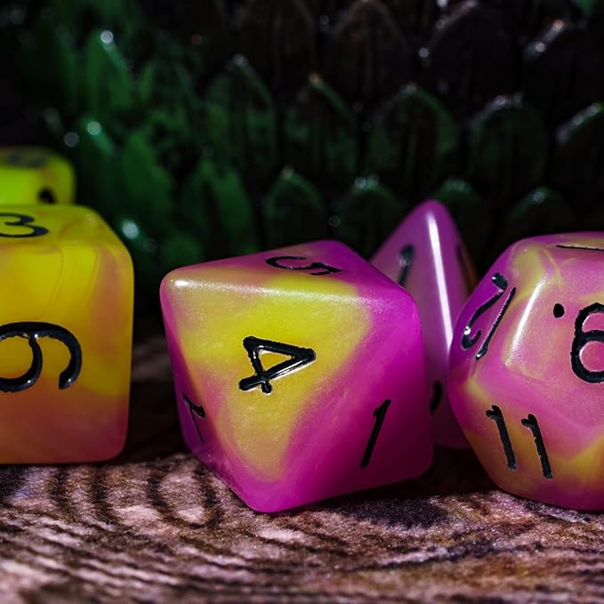 Glow in The Dark DND Dice, 7Pcs Luminous Polyhedral Dice Set with Leather Dice Bag, Glowing D&D Dice for Dungeons and Dragons, RPG, MTG Table Games(Purple Yellow)
