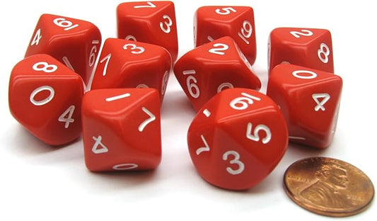 Koplow Games 10 Piece Set of 10-Sided D10 Polyhedral Dice - Red with White Numbers