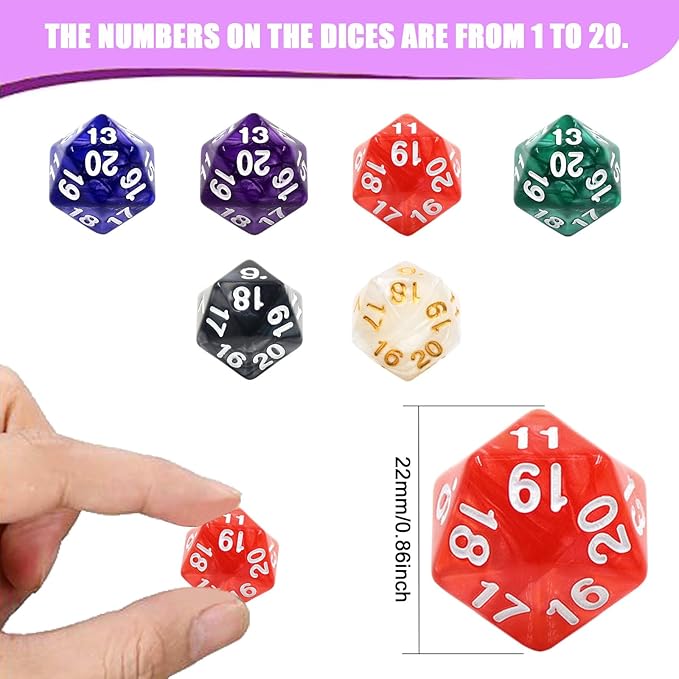 6 Pieces 20 Sided DND Dice,D20 Polyhedral Dice,22mm Pearl Color Dices Assortment D20 Dice,20 Sided Cube D&D Dice Set for Dungeons and Dragons, RPG, MTG Table Games(6 Colours)