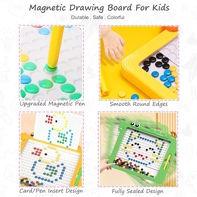 Magnetic Dots Board for Kids Toddlers, Magnetic Drawing Board with Magnetic Pen, Magnetic Dot Art, Montessori Educational Traveling Toy for 2 3 4 5 6 Years Old, 13.4” (Yellow)