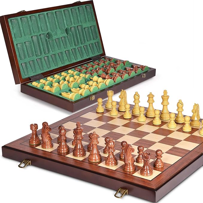 AMEROUS 20'' x 20'' Wooden Chess Set with High Polymer Weighted Chess Pieces / 3.75'' King / 2 Extra Queens/Larger Size Folding Board, Chess Board Game for Adults