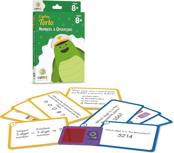 Luma World Captain Torto Educational Game-Based Math Flashcards with a Fun Magic Glass to View Hidden Numbers for Ages 8+ Years to Learn Grade 3 Numbers and Operations, Set of 50 Cards