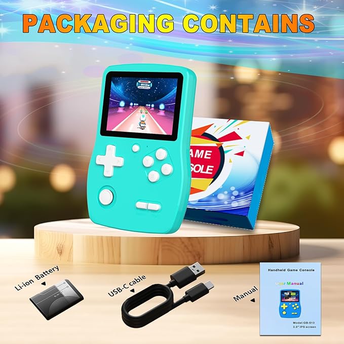 32 Bit Handheld Games for Kids,3.0'' IPS Screen and Built in 139 Video Games,Rechargeable Portable Electronic Gaming System Toys for Ages 4-14,Boys Girls Xmas Birthday Gift (Cyan)
