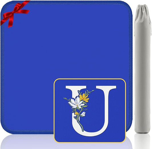 Mahjong Mat for Table | Neoprene Anti-Slip Noise Reduction | 32.4x32.4 Inch Blue | Perfect for American Mahjong, Poker, Card & Board Games | Great Gift Idea(Custom Letter U Edition)