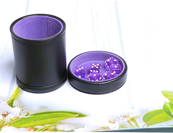 PU Leather Dice Cup Purple Velvet Lined Quiet Shaker with Lid Including 6 Purple Translucent Dice for Liars Dice Farkle Yahtzee Board Games