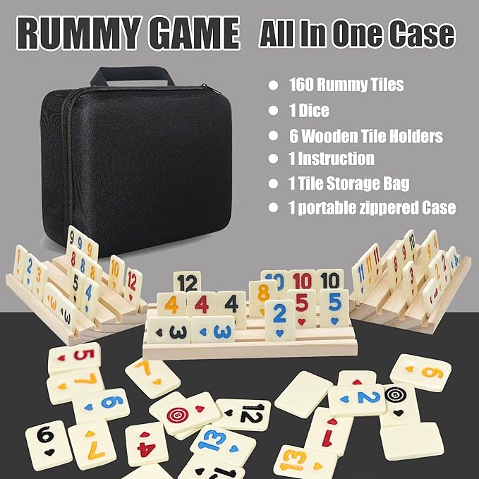 Rummy Game with 6 Wooden Racks/Trays, Rummy Cube with Portable Case 160 Tiles Travel Set with 6 Tiles Holders, Okey Game for 2-6 (Rummy Cube 6 Player Edition)