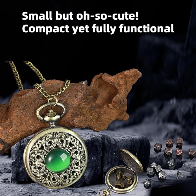 Mini DND Dice Set with Watch Shell and Keychain, Portable 7PCS Polyhedral Metal Dice Set Perfect for Dungeons and Dragons Gifts, MTG, Role Playing Board Games Accessory (Ancient Bronze)