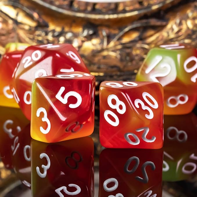 7-Die DND Dice Set Polyhedral Dice Set with a Leather Dice Bag, D&D Dice Set for Dungeons and Dragons, RPG, MTG Table Games (T/Red Yellow)