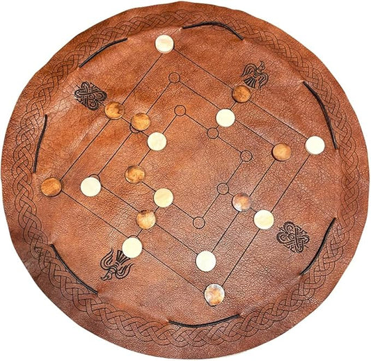 Viking 9 Men’s Morris Strategy Board Game – Leather Wrap & Bone Pieces – 2 Player Tactical Game with Rulebook – Medieval Norse Travel Game