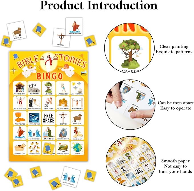 Bible Bingo Cards - Bible Stories, 24 Bingo Cards Sets, Bingo Games for Home Activities, Vacation Gifts for Adult Teenager, Bible Games Christian Party Game Bingo Supplies -01