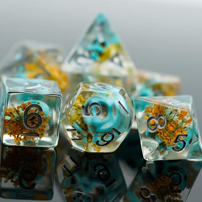 UDIXI 7PCS Polyhedral Dice Set, DND Dice Set Filled with Mushroom for Role Playing Games, D&D Dice for Dungeons and Dragons (Blue Flower)